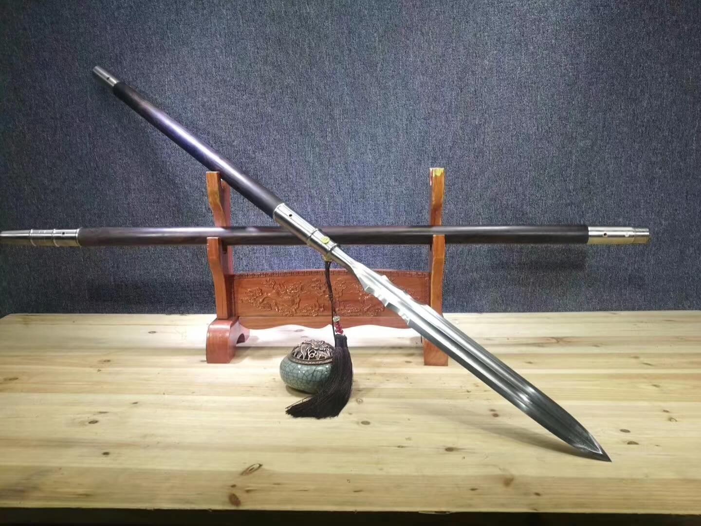 Spear,China lance,Damascus steel Spearhead,Ebony rod