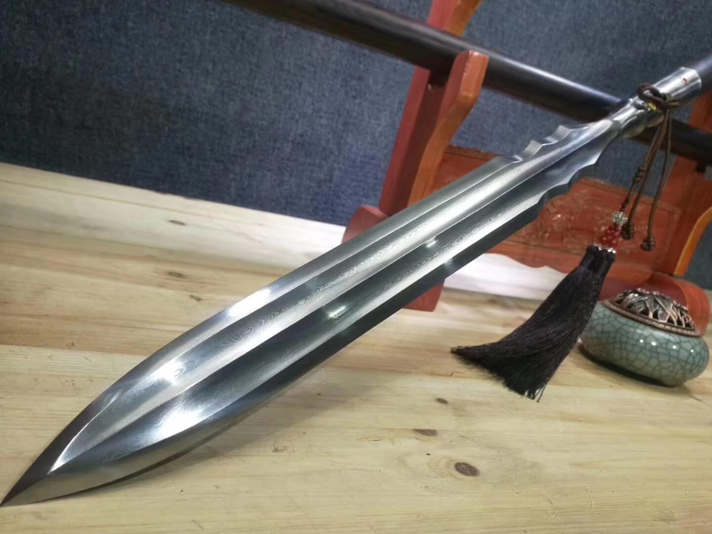 Spear,China lance,Damascus steel Spearhead,Ebony rod