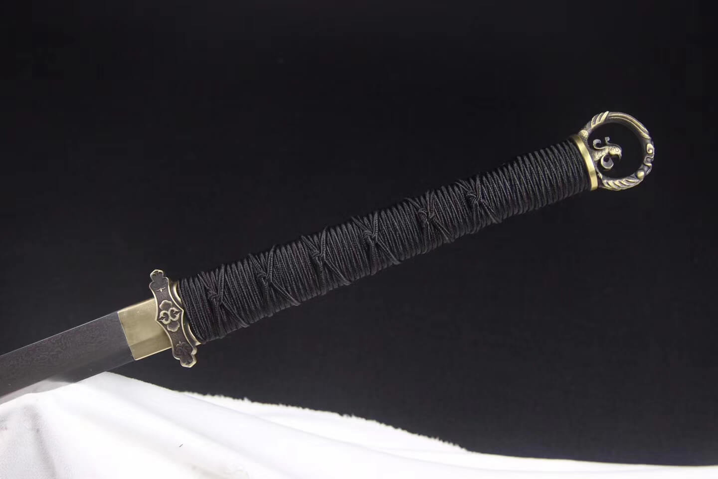 Ring-pommel tang jian/Damascus Steel blade/Black scabbard/Brass fittings