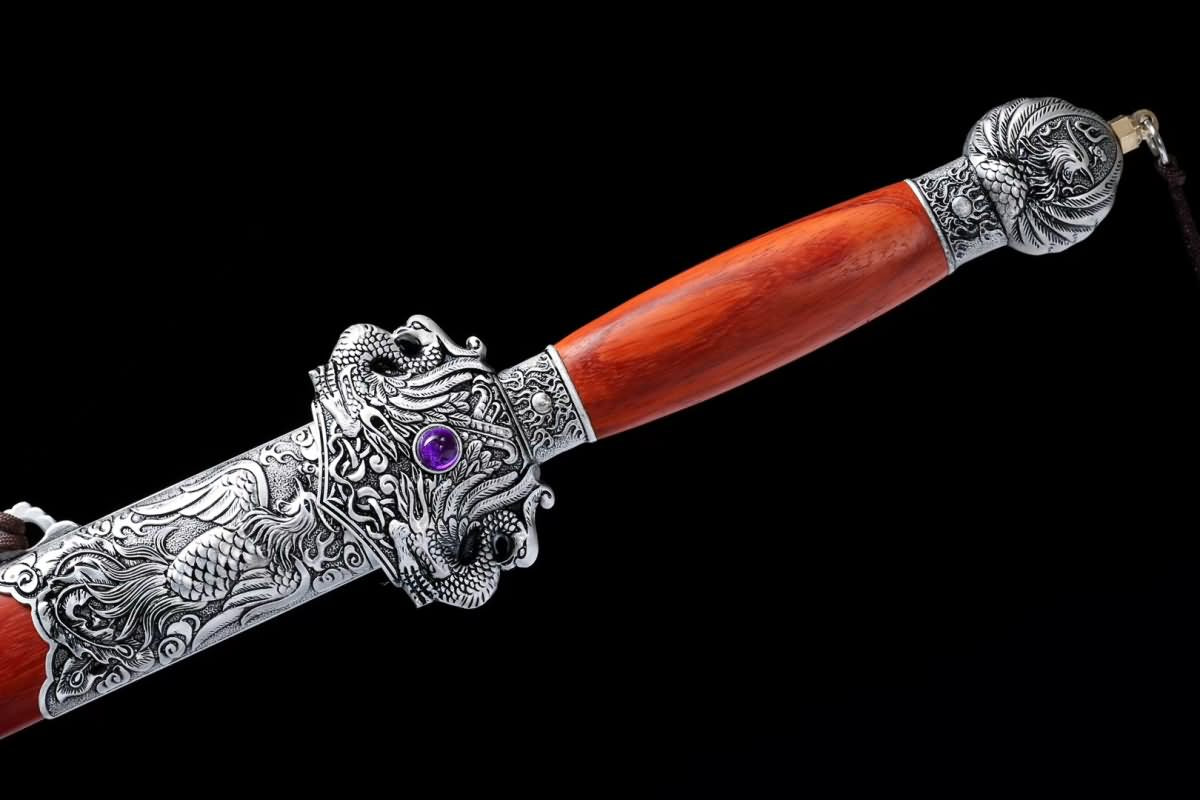 Dragon Phoenix sword,Forged high carbon steel blade,Redwood scabbard