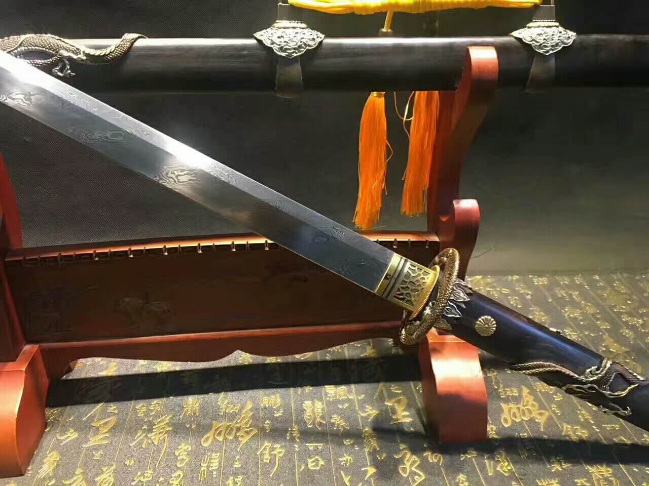 Tang dao(Damascus steel bade,Ebony scabbard,Brass fittings)Full tang,Length 45"