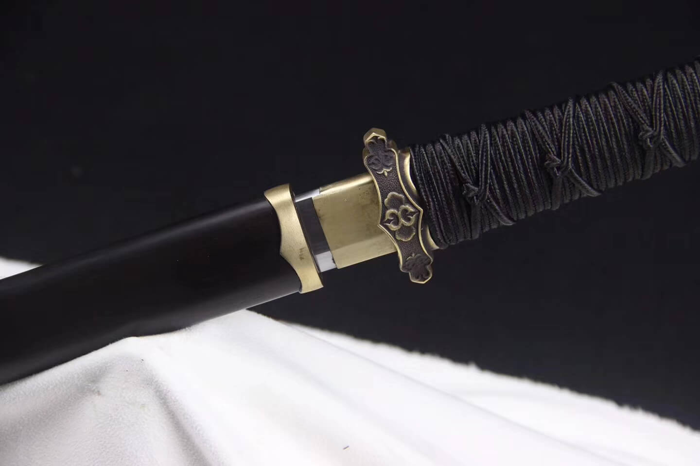 Ring-pommel tang jian/Damascus Steel blade/Black scabbard/Brass fittings