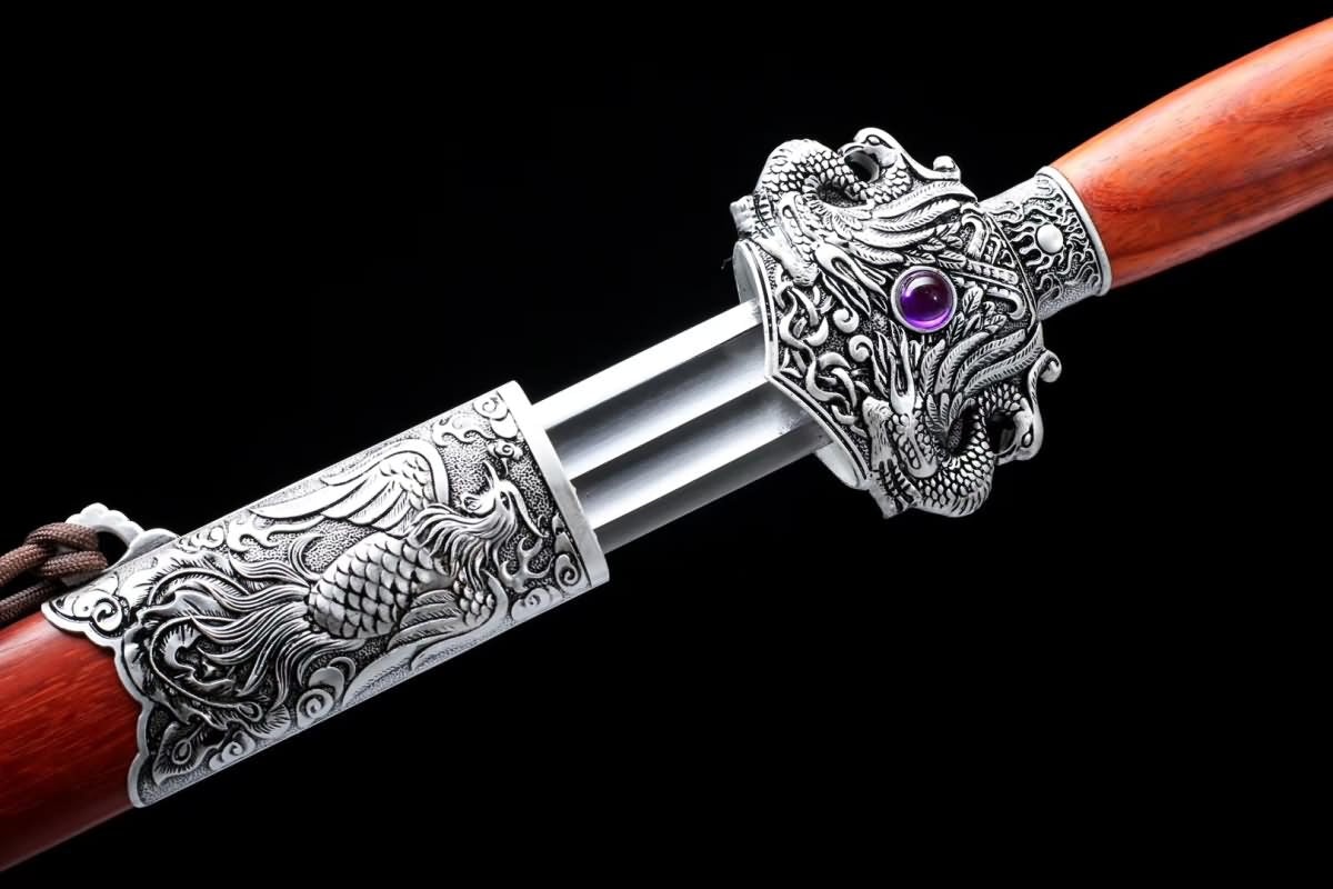 Dragon Phoenix sword,Forged high carbon steel blade,Redwood scabbard