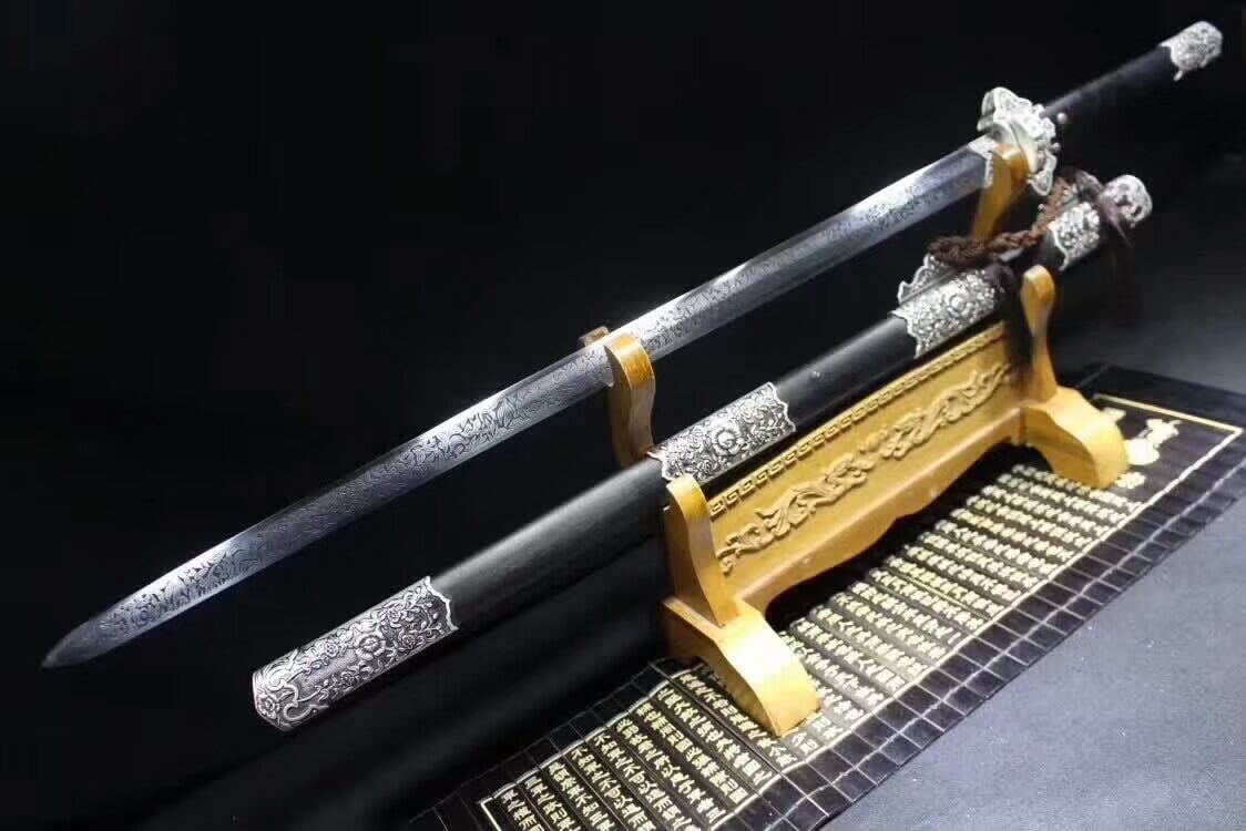 Tang jian,High carbon steel blade,Black scabbard,Alloy fitting