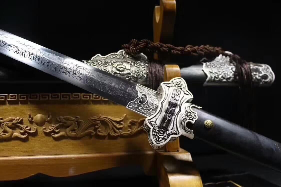 Tang jian,High carbon steel blade,Black scabbard,Alloy fitting