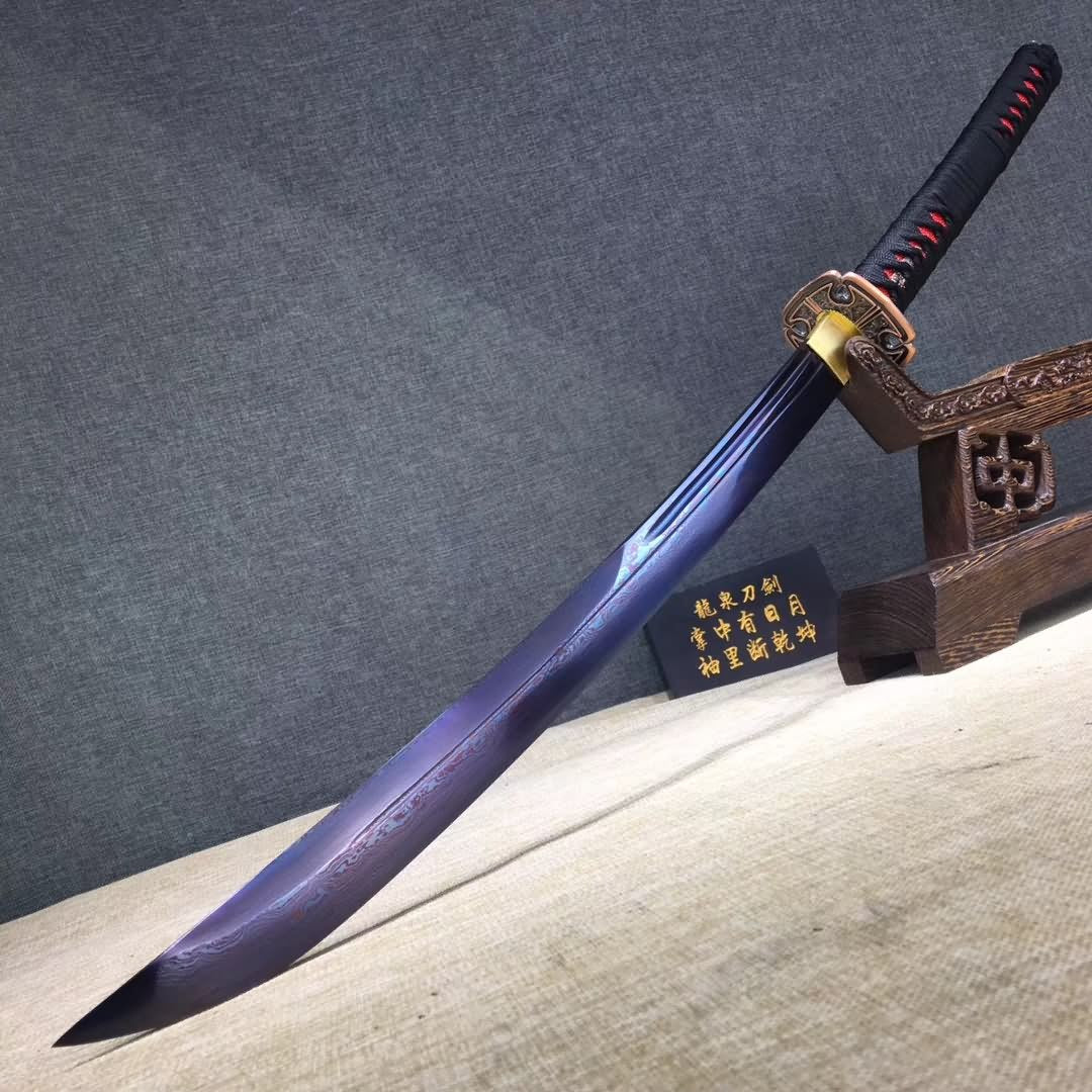 Samurai sword,Folding steel blue blade,Leather scabbard,Alloy Tosogu