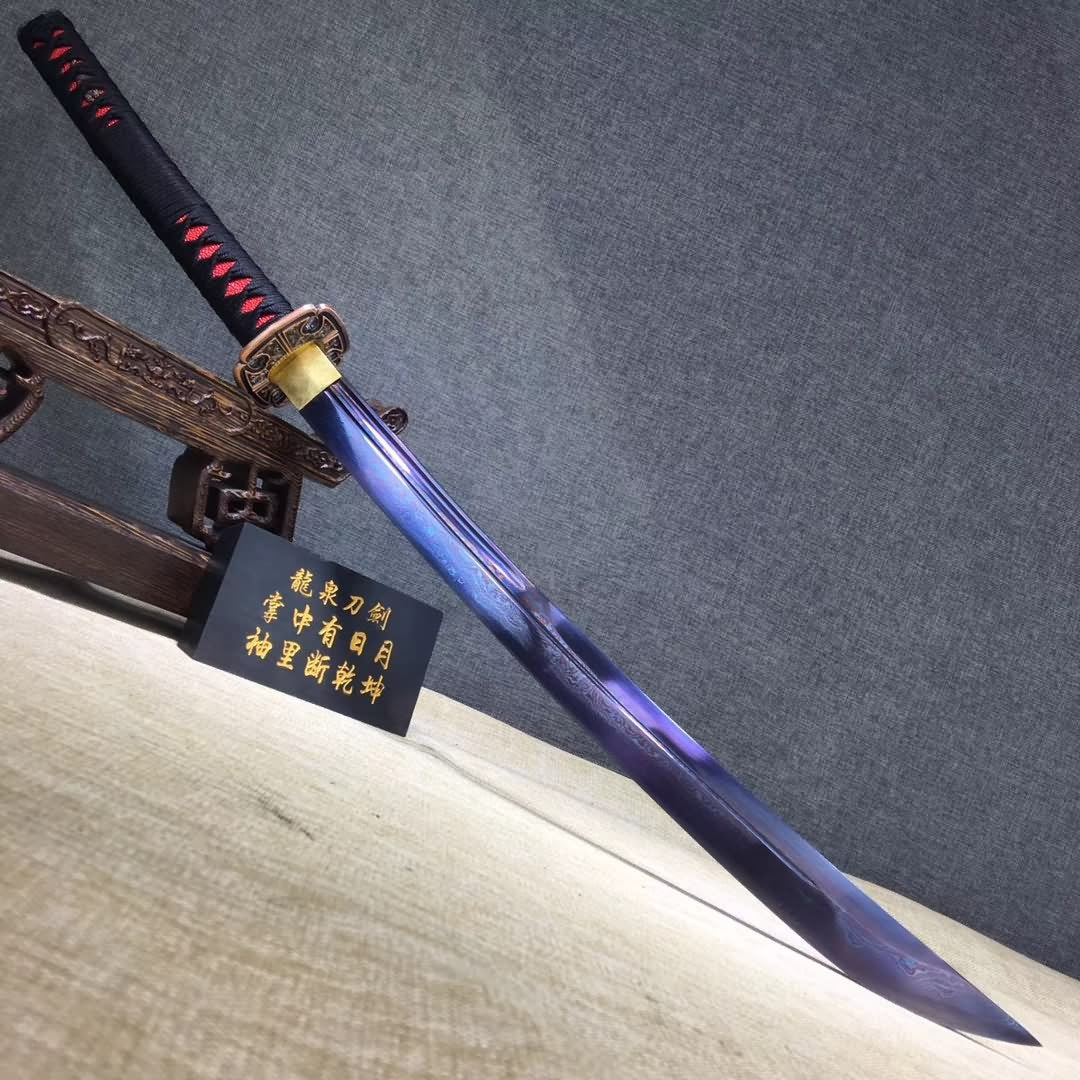 Samurai sword,Folding steel blue blade,Leather scabbard,Alloy Tosogu