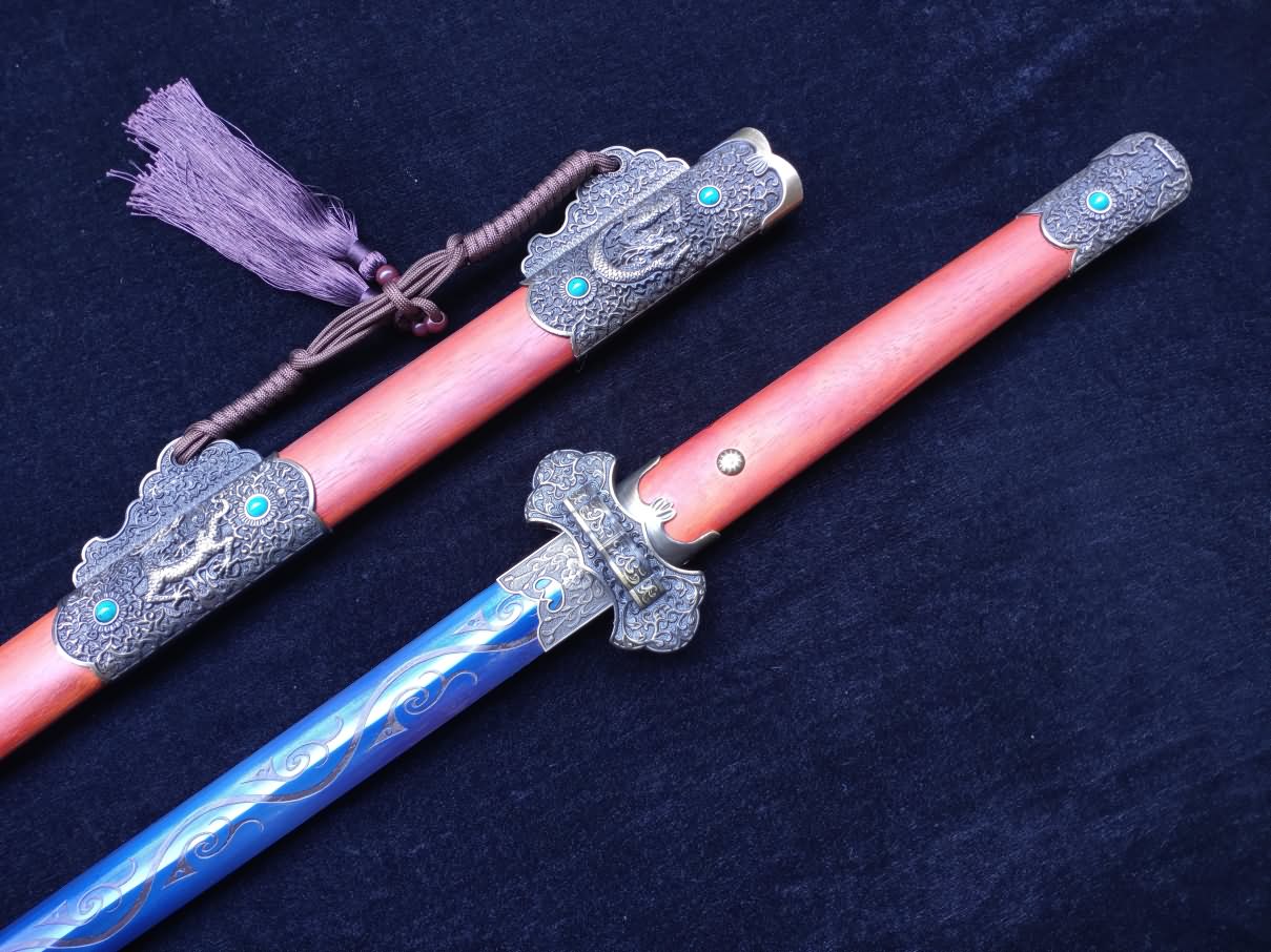 Tang jian sword Forged High Carbon Steel blue Blade Redwood scabbard