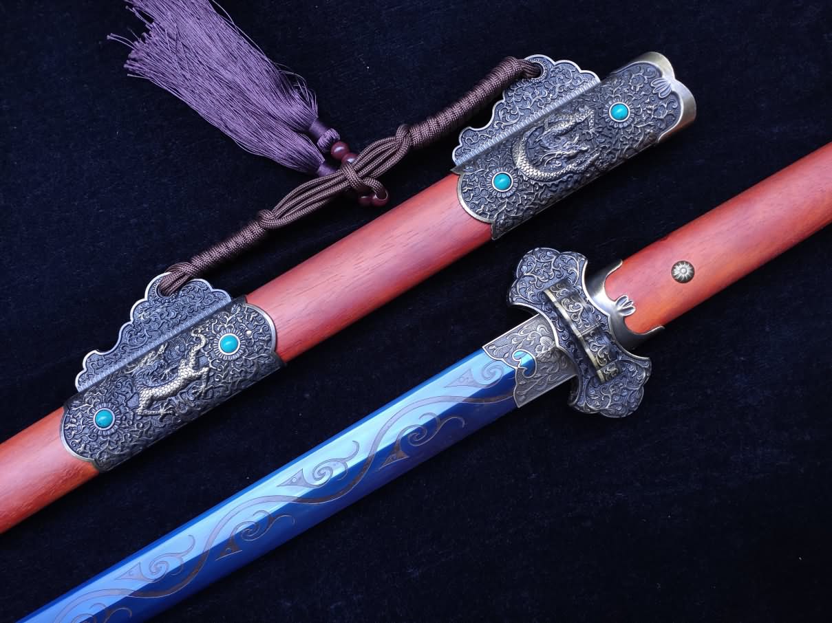 Tang jian sword Forged High Carbon Steel blue Blade Redwood scabbard