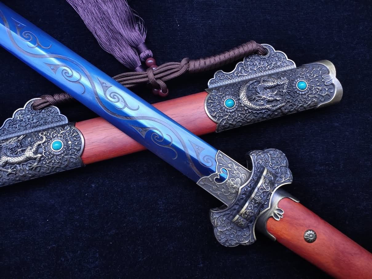 Tang jian sword Forged High Carbon Steel blue Blade Redwood scabbard