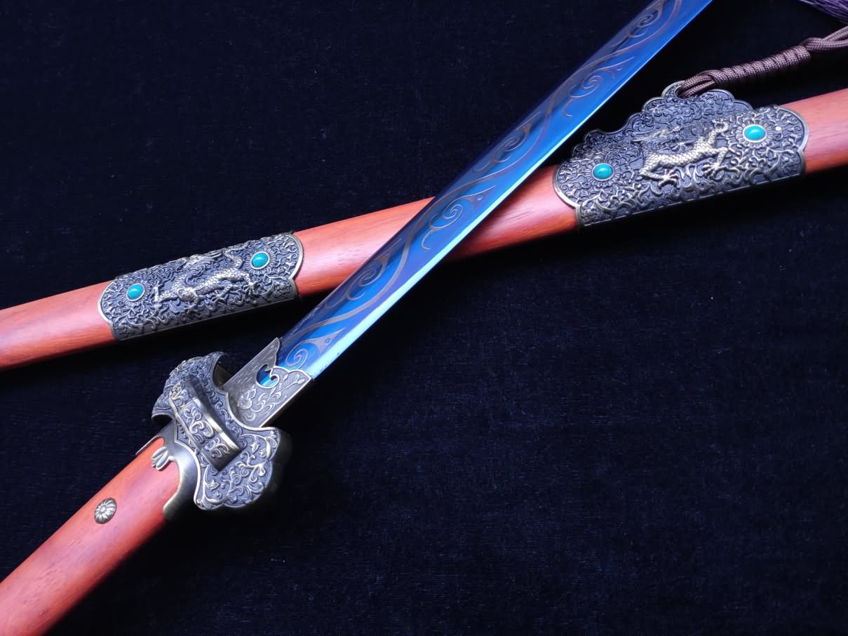 Tang jian sword Forged High Carbon Steel blue Blade Redwood scabbard