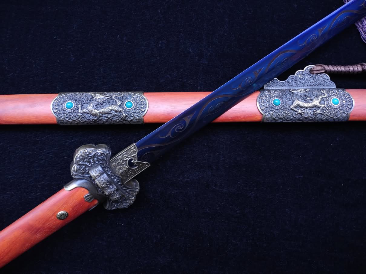 Tang jian sword Forged High Carbon Steel blue Blade Redwood scabbard