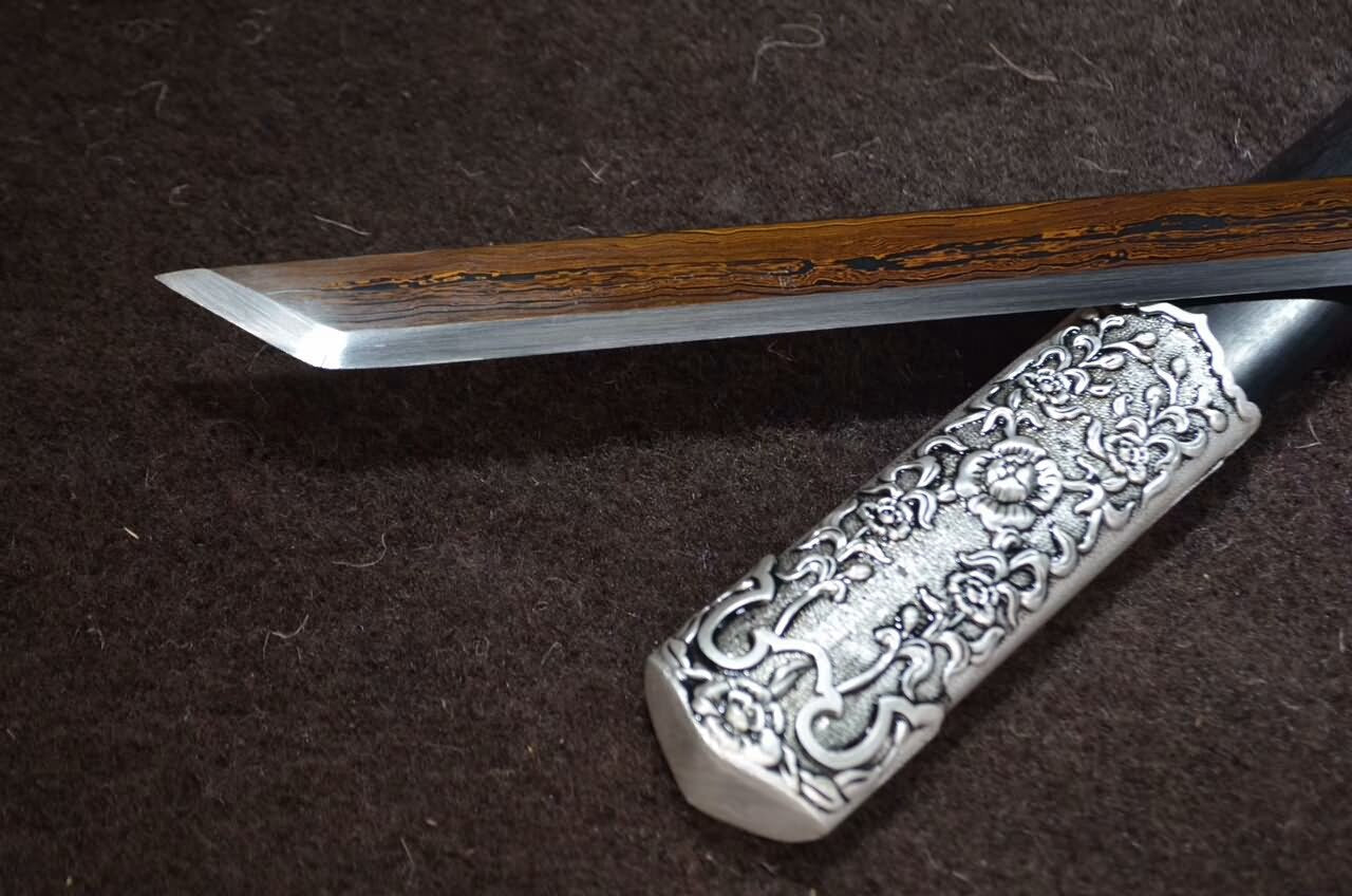 Tang dao(Damascus steel red blade,Black wood,Alloy)Full tang