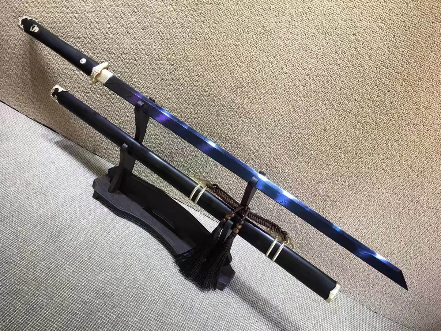 Tang dao,Damascus steel blue blade,Ebony scabbard,Brass fittings