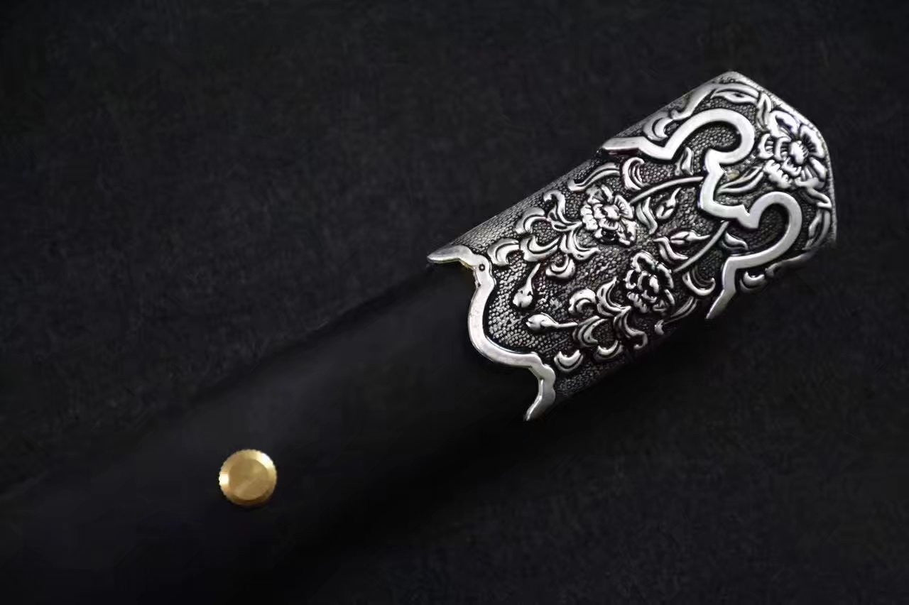 Tang dao,Damascus steel red blade,Black wood scabbard,Full tang