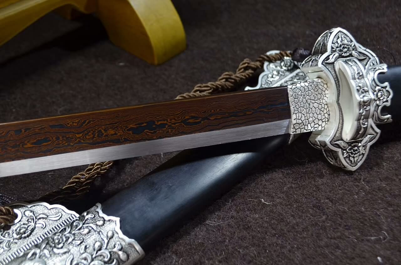 Tang dao(Damascus steel red blade,Black wood,Alloy)Full tang