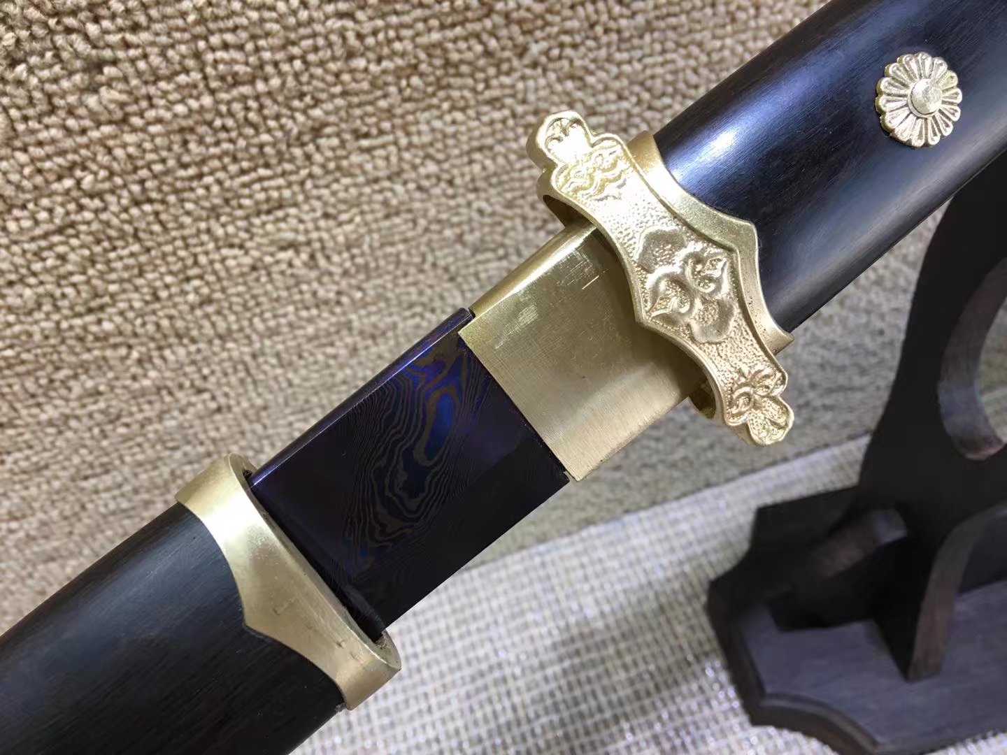 Tang dao,Damascus steel blue blade,Ebony scabbard,Brass fittings