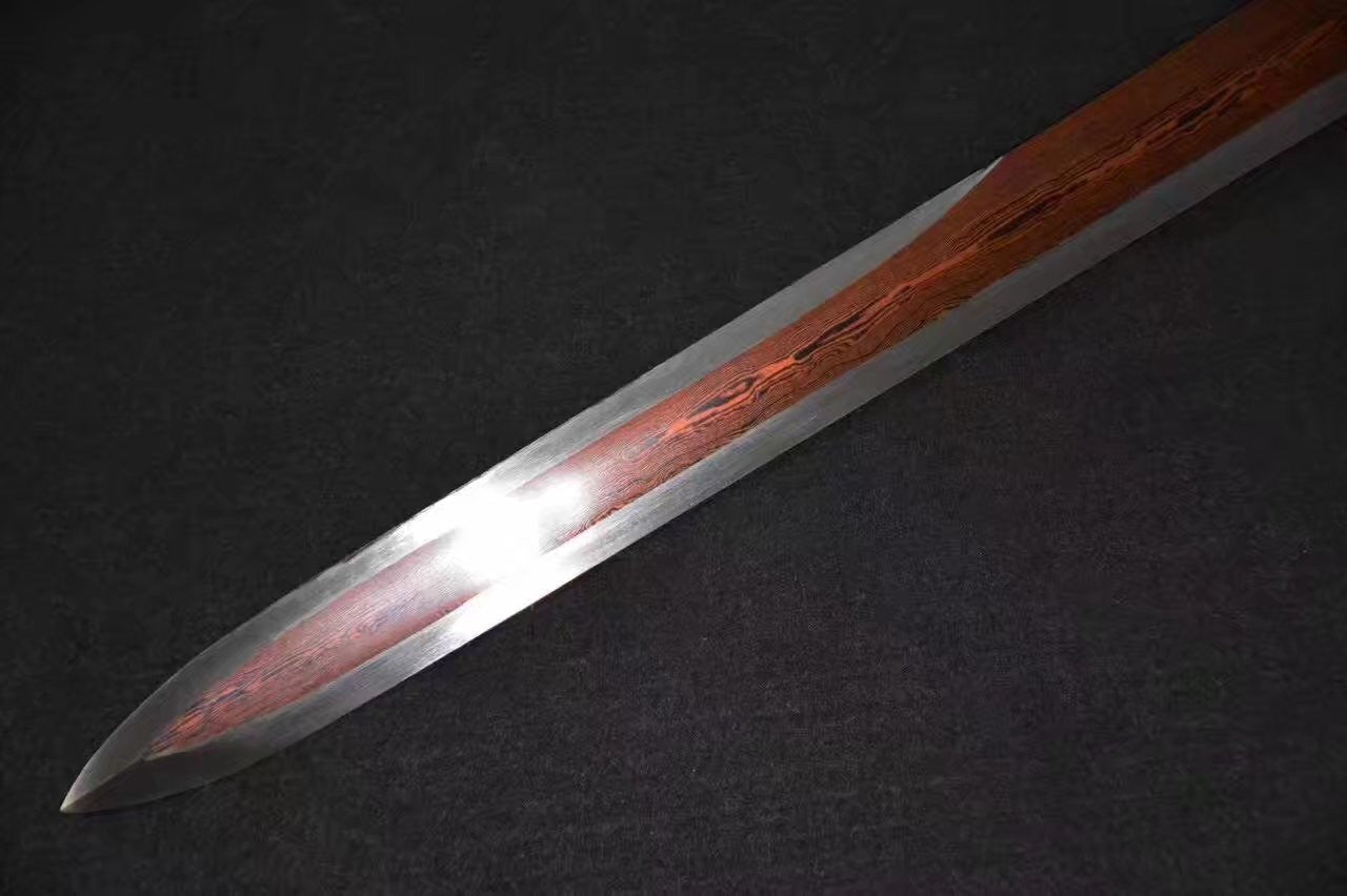 Tang dao,Damascus steel red blade,Black wood scabbard,Full tang