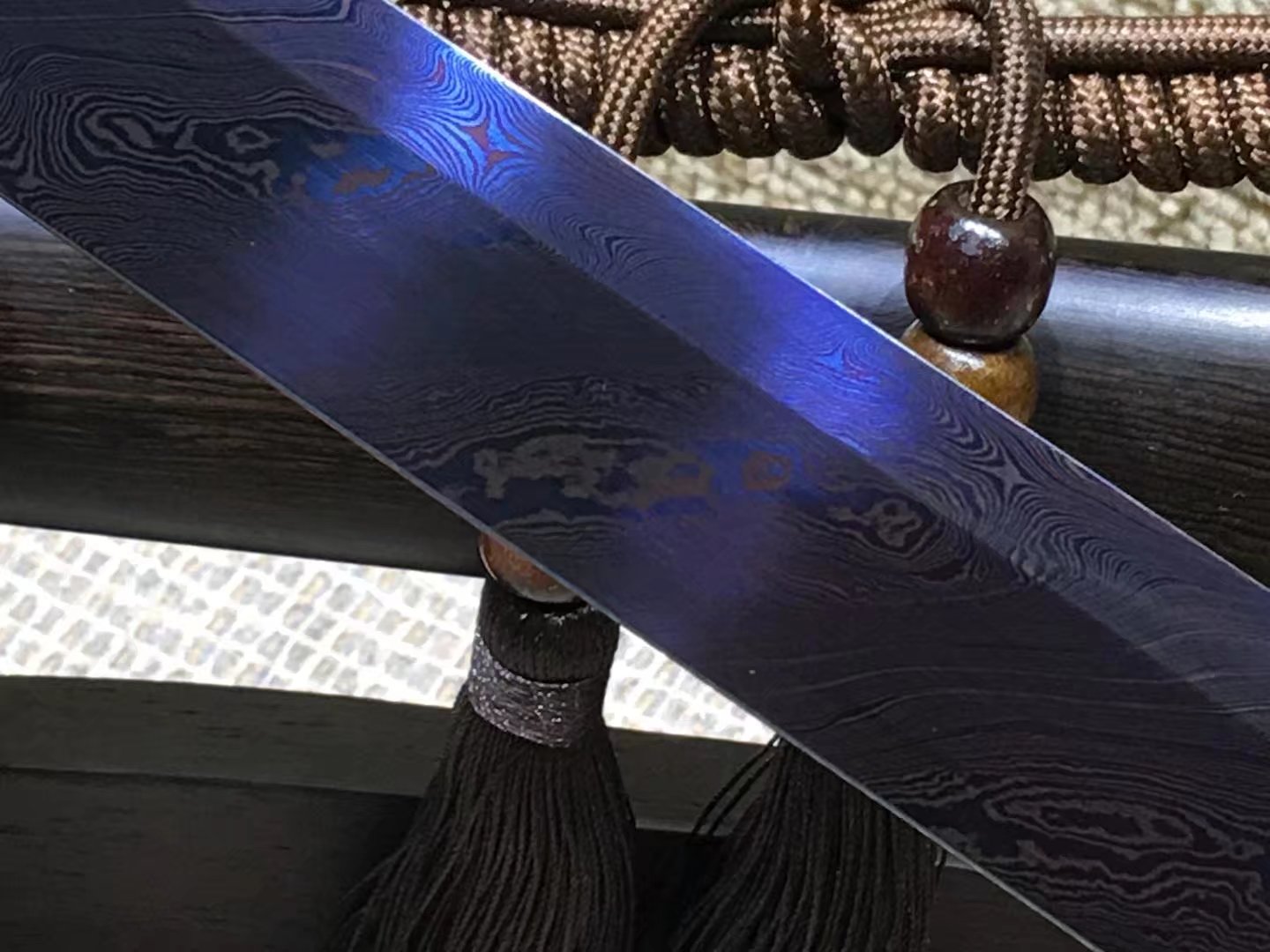 Tang dao,Damascus steel blue blade,Ebony scabbard,Brass fittings