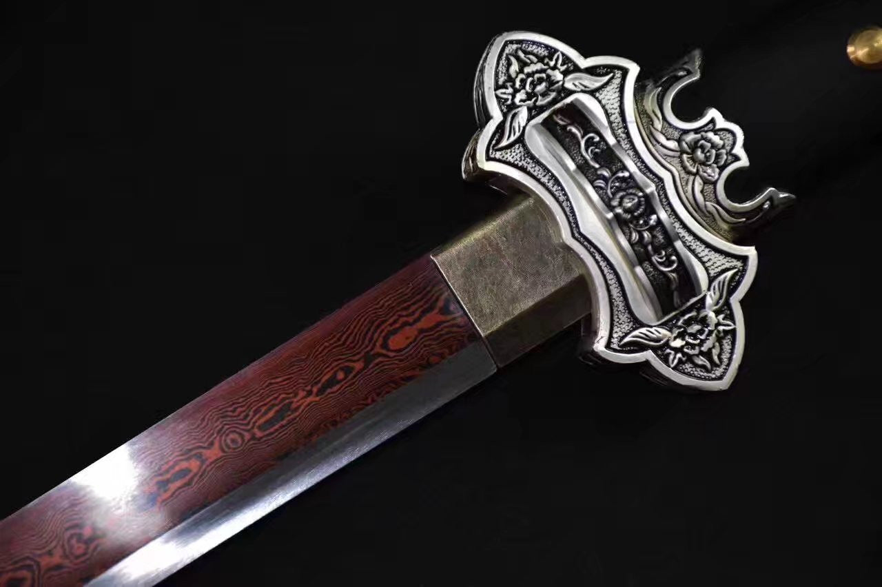 Tang dao,Damascus steel red blade,Black wood scabbard,Full tang