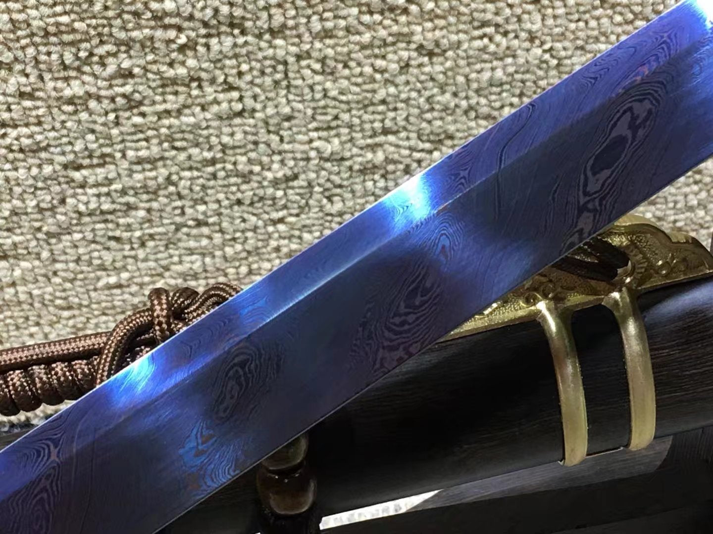 Tang dao,Damascus steel blue blade,Ebony scabbard,Brass fittings