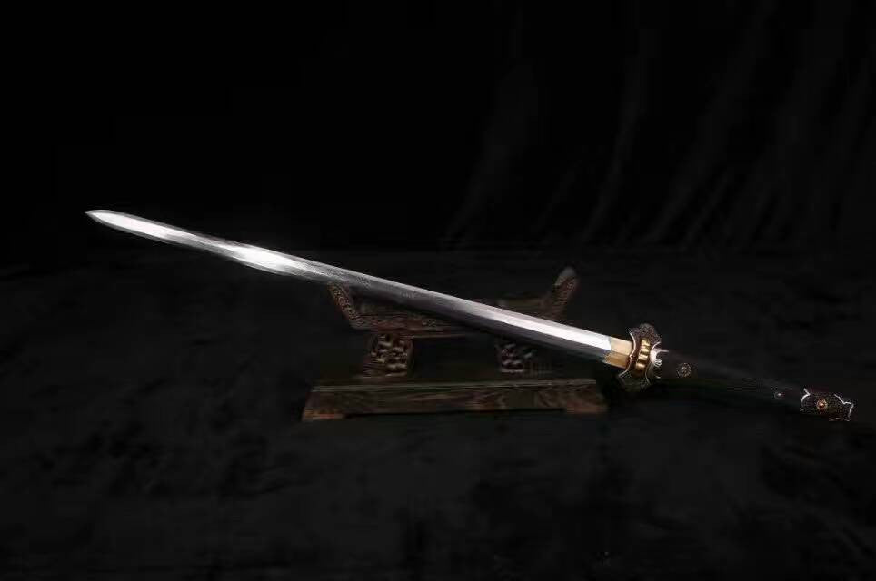 Gold plated Tang dao(Pattern steel blade,Black pearl skinscabbard,Brass fitted)Full tang,Length 43"