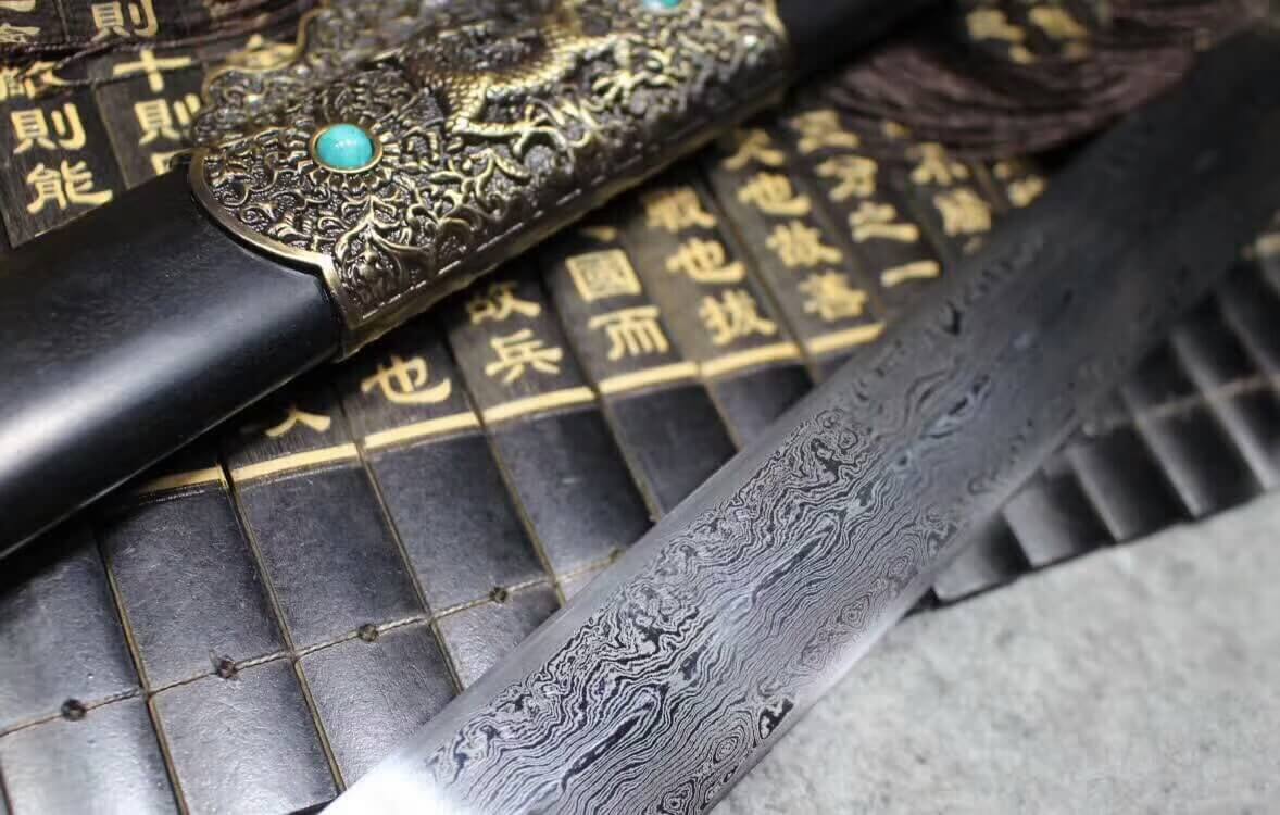 Tang sword(Damascus steel blade,Alloy fittings,Black scabbard)Length 40"