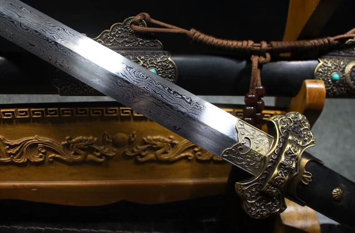 Tang sword(Damascus steel blade,Alloy fittings,Black scabbard)Length 40"