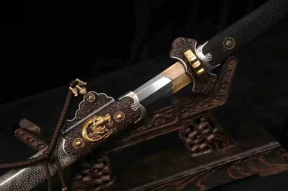 Gold plated Tang dao(Pattern steel blade,Black pearl skinscabbard,Brass fitted)Full tang,Length 43"