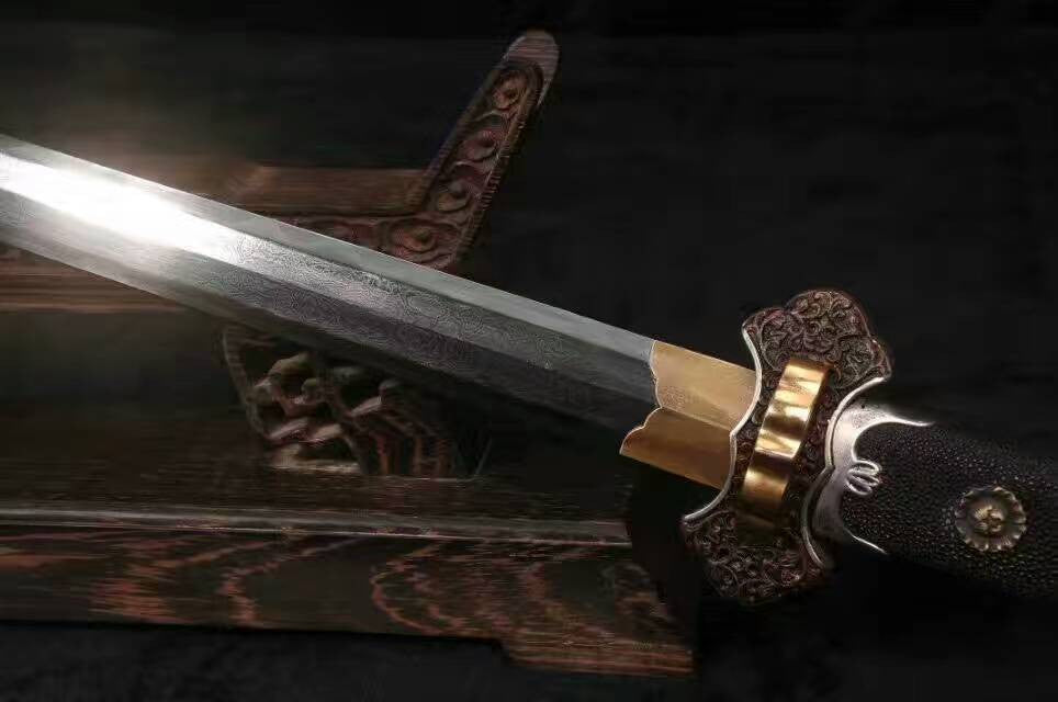 Gold plated Tang dao(Pattern steel blade,Black pearl skinscabbard,Brass fitted)Full tang,Length 43"