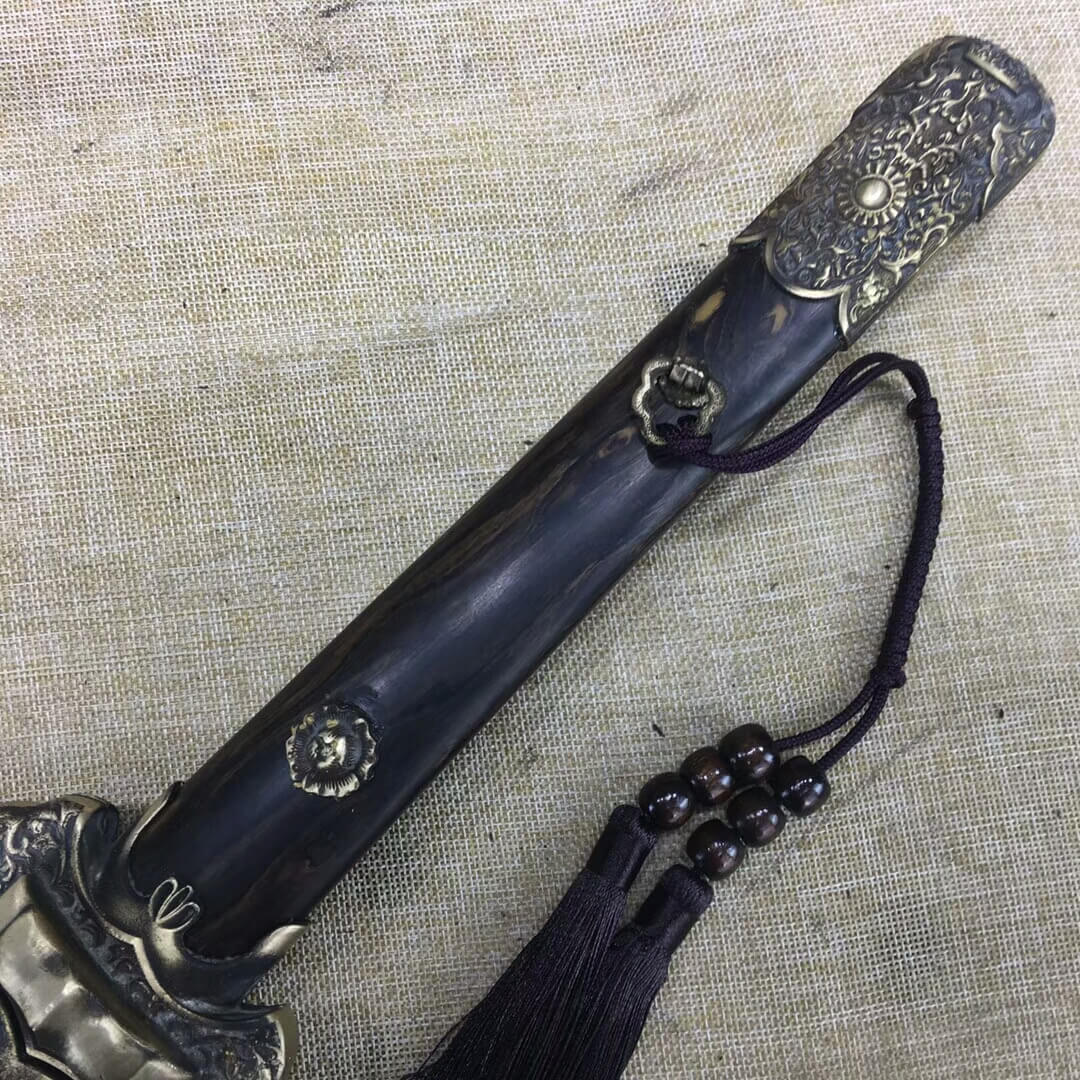 Tang dao,Folded steel hexahedral blade,Ebony scabbard,Brass fitting