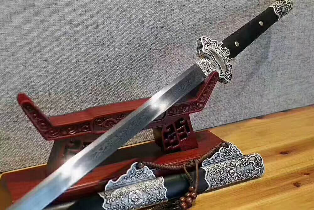 Tang jian/Damascus steel blade/Alloy fitted/Black scabbard/Length 41"