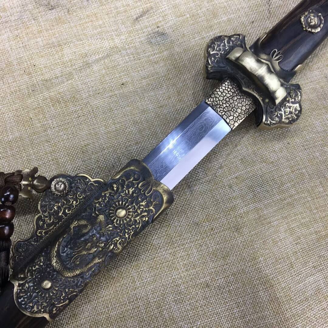 Tang dao,Folded steel hexahedral blade,Ebony scabbard,Brass fitting