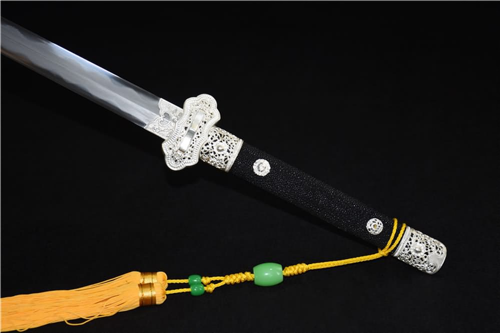 Tang jian sword(Damascus steel burn blade,Skin scabbard,Brass fittings)Full tang