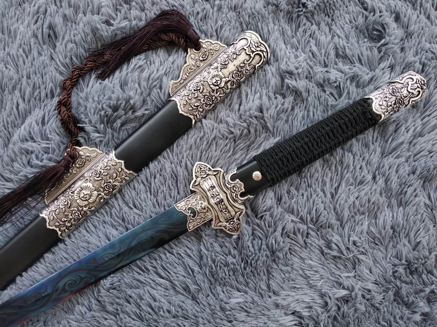 Tang sword,Hand Forged(High manganese steel blue blade,Black wood,Alloy)Full tang