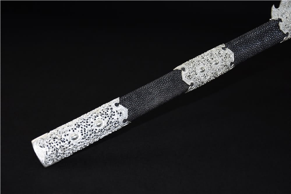 Tang jian sword(Damascus steel burn blade,Skin scabbard,Brass fittings)Full tang