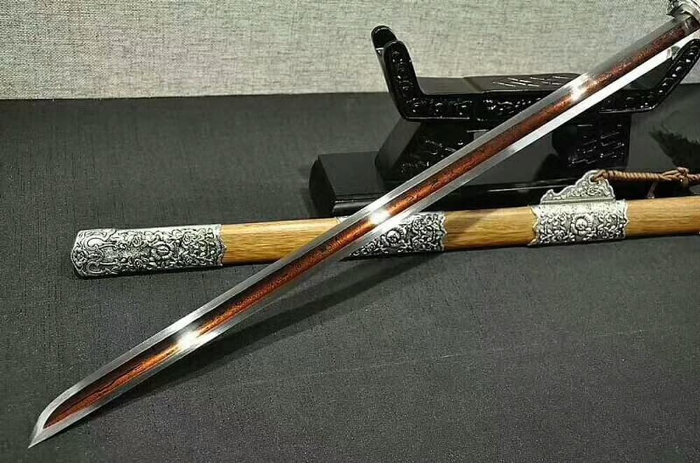 Tang jian(Damascus steel red blade,Rosewood scabbard,Alloy fitted)Length 41"