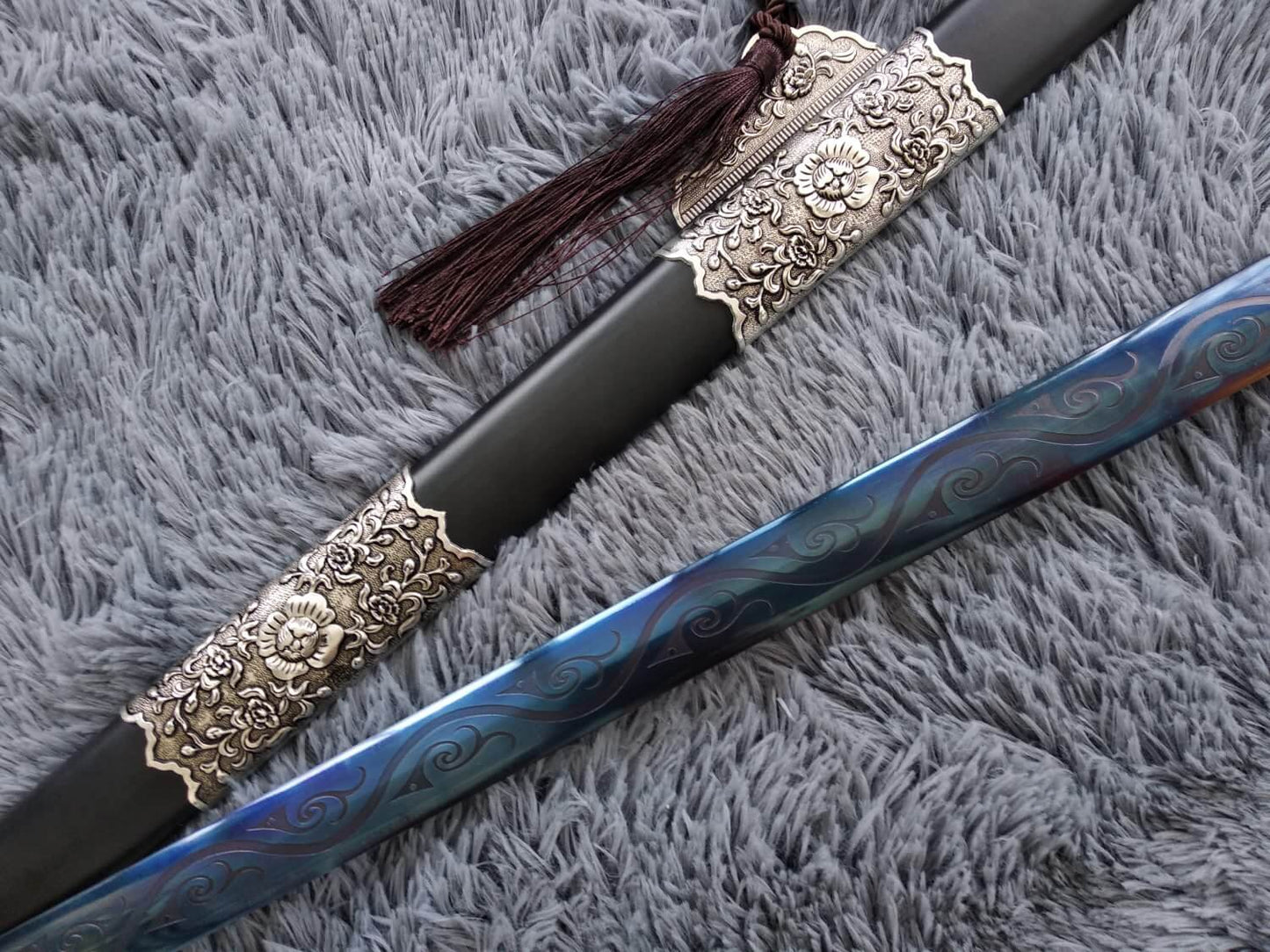 Tang sword,Hand Forged(High manganese steel blue blade,Black wood,Alloy)Full tang