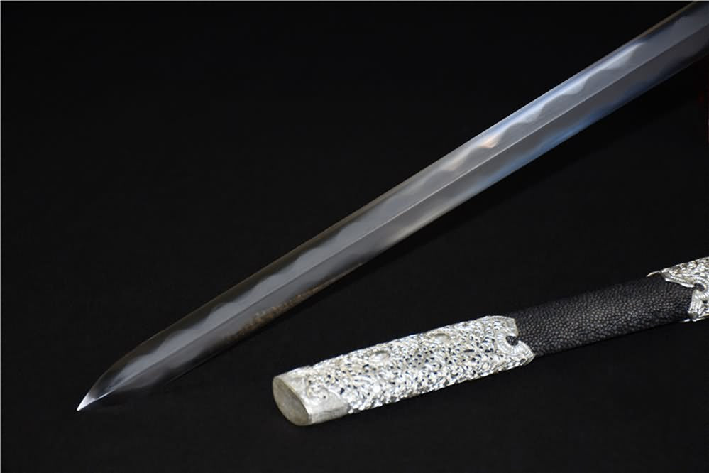 Tang jian sword(Damascus steel burn blade,Skin scabbard,Brass fittings)Full tang