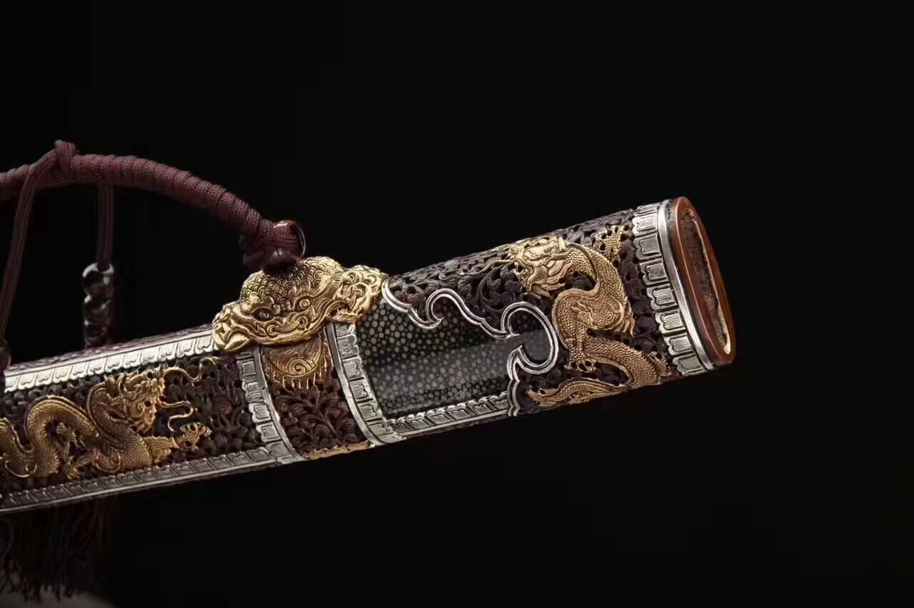 Loong broadsword,Damascus steel blade,Black skin scabbard,Brass fittings