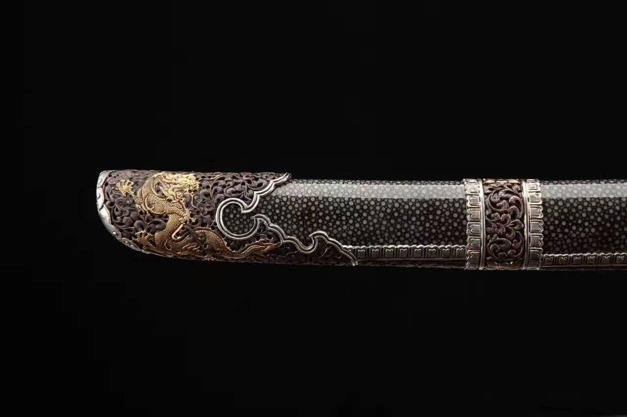 Loong broadsword,Damascus steel blade,Black skin scabbard,Brass fittings