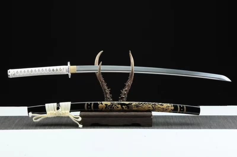 Samurai Sword Forged high Carbon Steel Blade Carved Wooden Scabbard