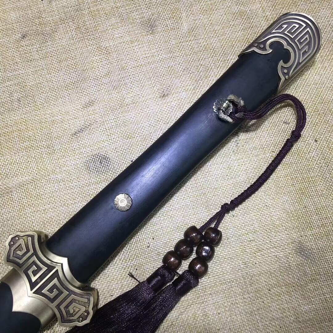 Tang dao,Folded steel blade,Black wood scabbard,Brass fittings