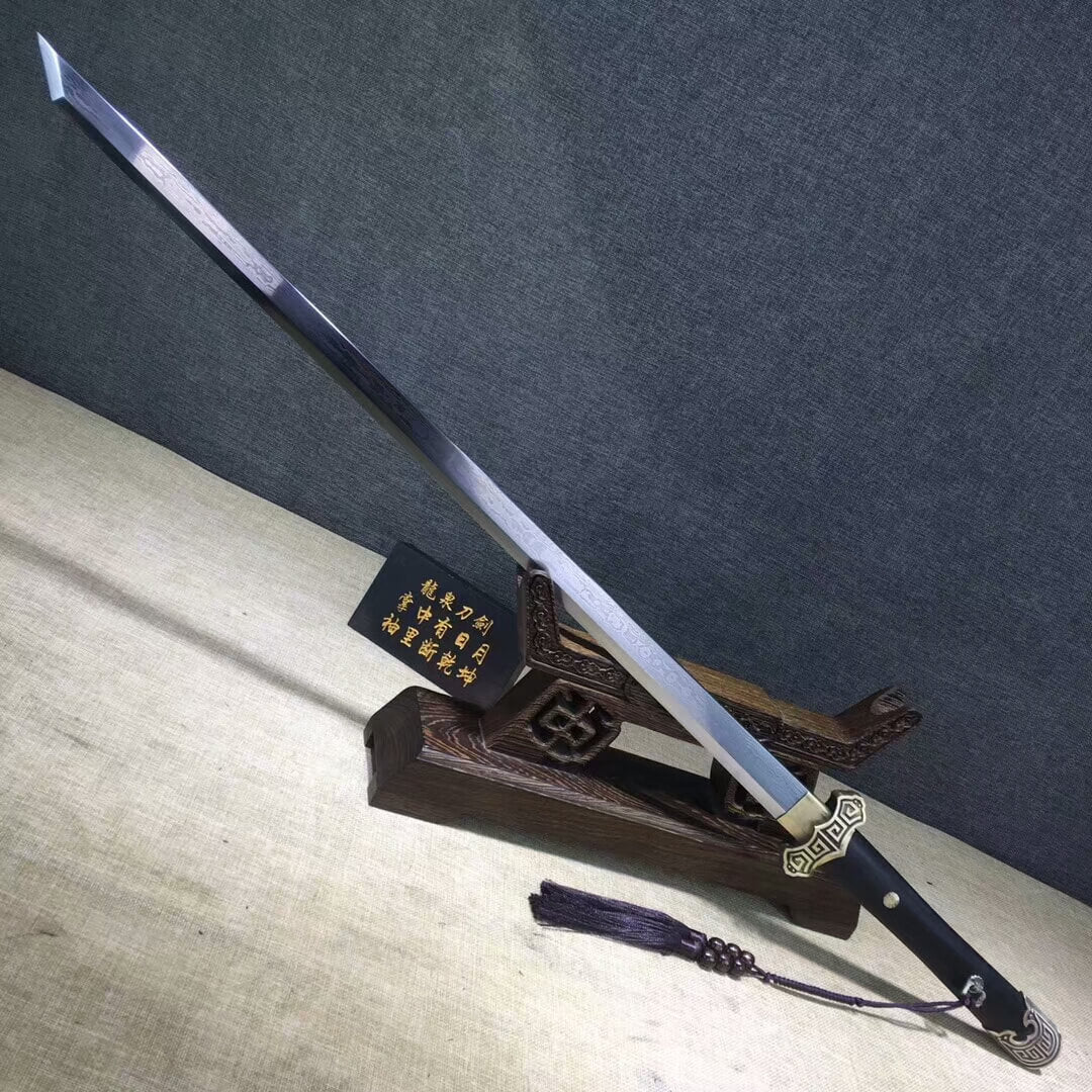 Tang dao,Folded steel blade,Black wood scabbard,Brass fittings