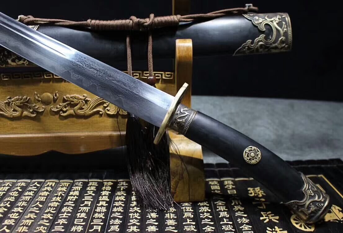 YanlingDao,Broadsword,Damascus steel burn blade,Black wood scabbard