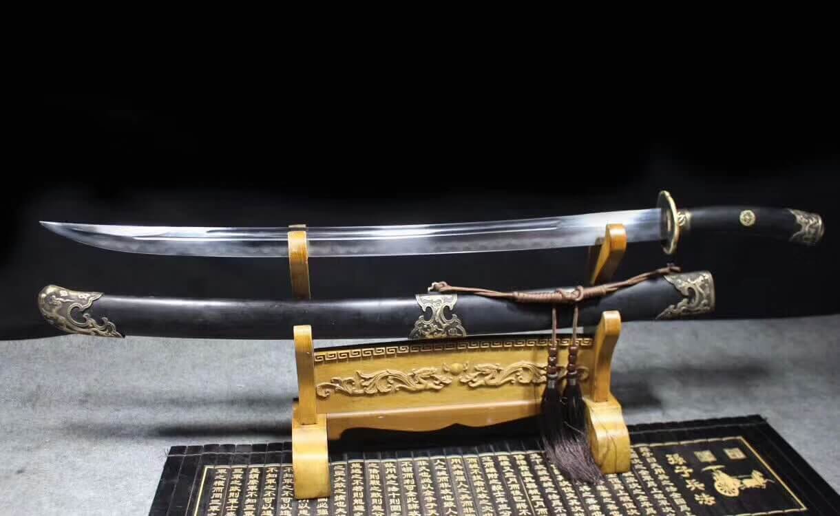 YanlingDao,Broadsword,Damascus steel burn blade,Black wood scabbard