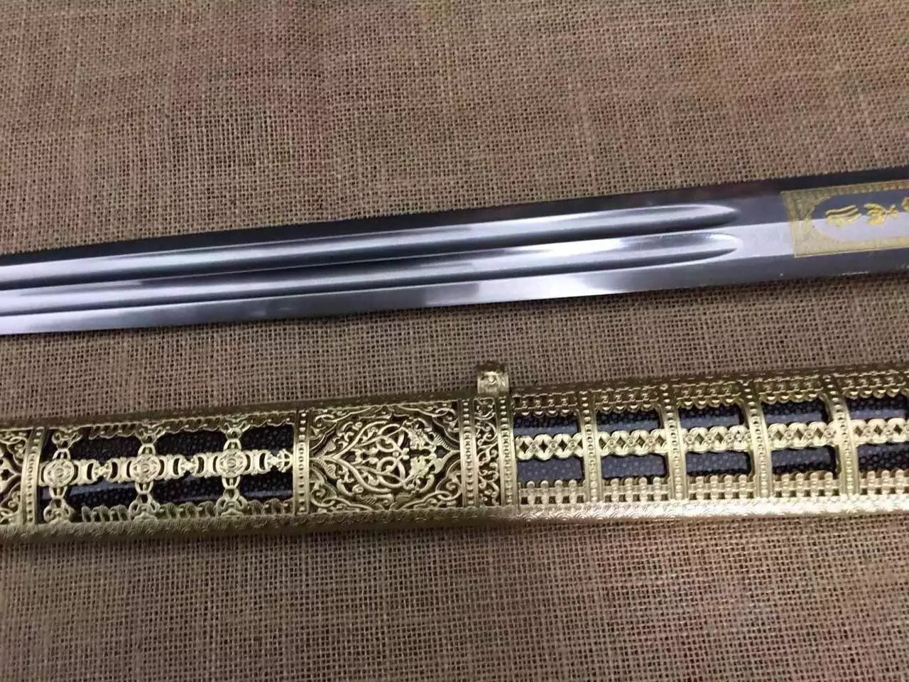 Yongle sword,Folded steel,Skin scabbard,Copper fitting,Length 38"