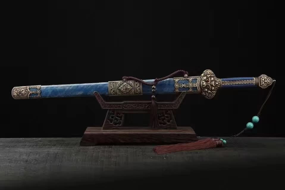 Yongle sword,Damascus steel blade,Blue skin scabbard,Brass