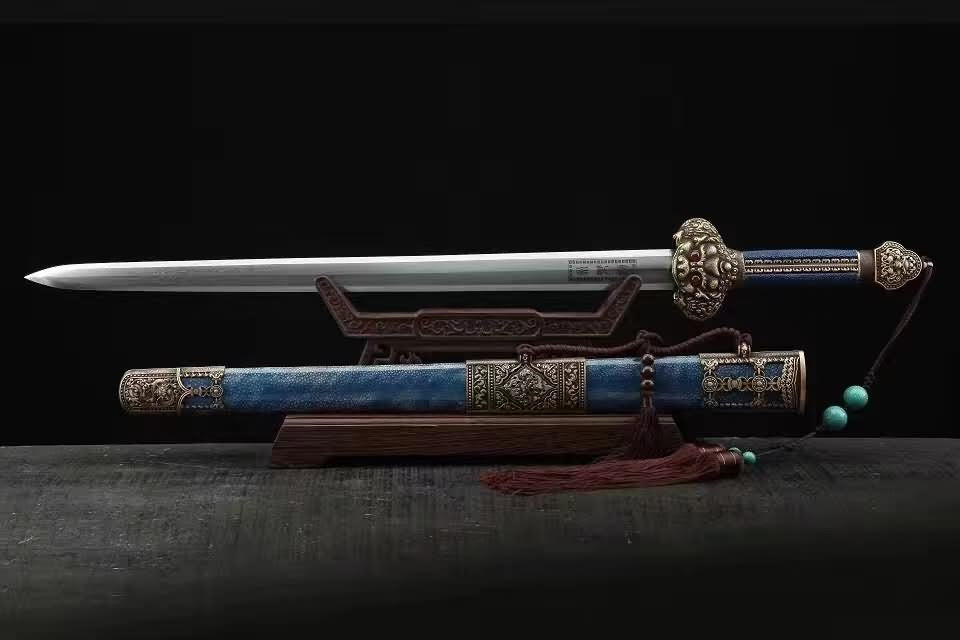 Yongle sword,Damascus steel blade,Blue skin scabbard,Brass