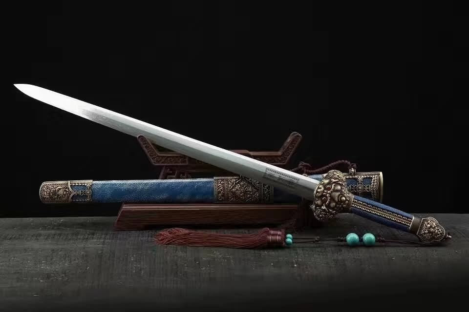 Yongle sword,Damascus steel blade,Blue skin scabbard,Brass